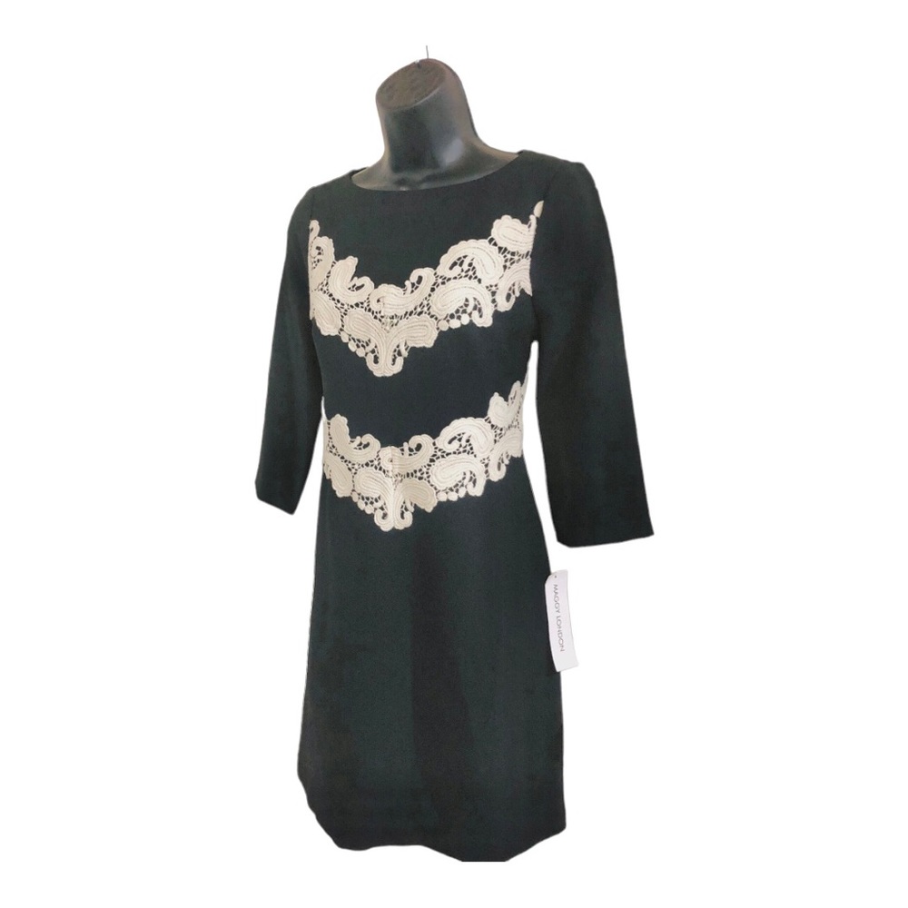 Maggy London black mod A-line style embroidered crochet mid sleeve dress size 4